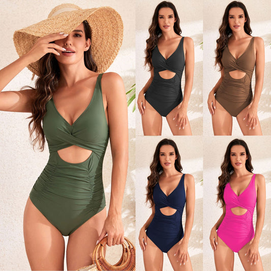 Solid Color Cross Pack Pleating High Waist Swimsuit
