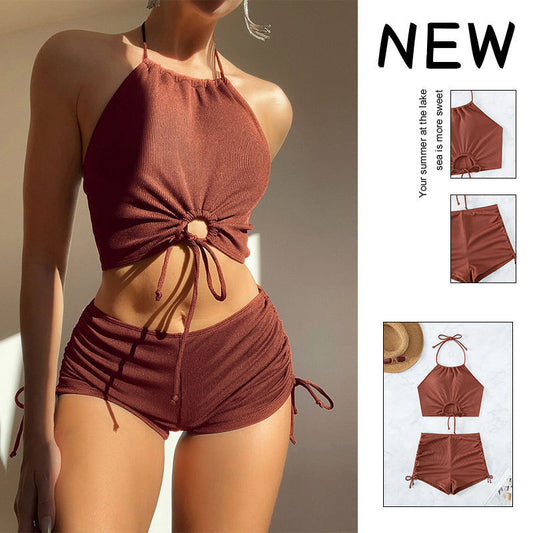 Summer Halter Neck Bikini Suit Fashion Drawstring Design Ins Style Swimsuit For Womens Clothing